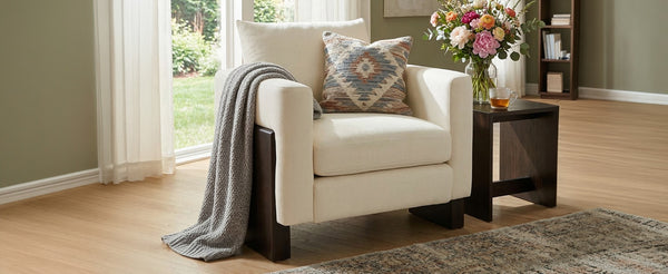 English Elm Modern Chenille Club Armchair Pocket Spring Cushion Rubberwood Base for Any Room N763P420804A