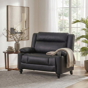 English Elm 50 Inch Wide PU Leather Pushback Recliner with Dual Cup Holders for Living Room Black N763P449960B