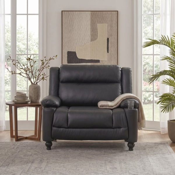English Elm 50 Inch Wide PU Leather Pushback Recliner with Dual Cup Holders for Living Room Black N763P449960B