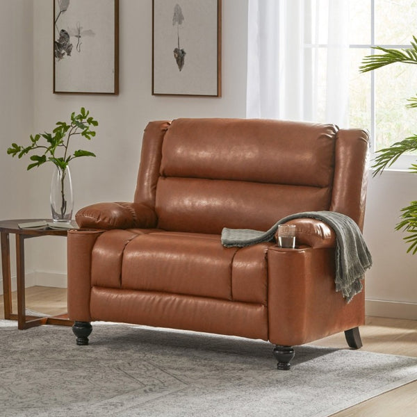 English Elm 50 Inch Wide PU Leather Pushback Recliner with Dual Cup Holders for Living Room Brown N763P449960D