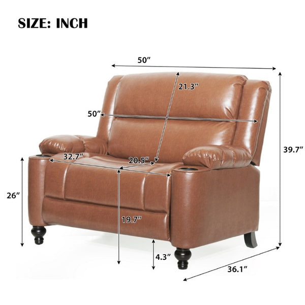 English Elm 50 Inch Wide PU Leather Pushback Recliner with Dual Cup Holders for Living Room Brown N763P449960D