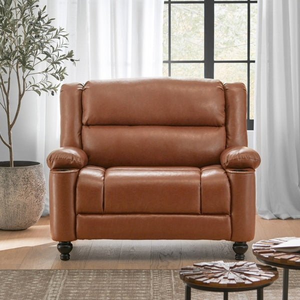 English Elm 50 Inch Wide PU Leather Pushback Recliner with Dual Cup Holders for Living Room Brown N763P449960D