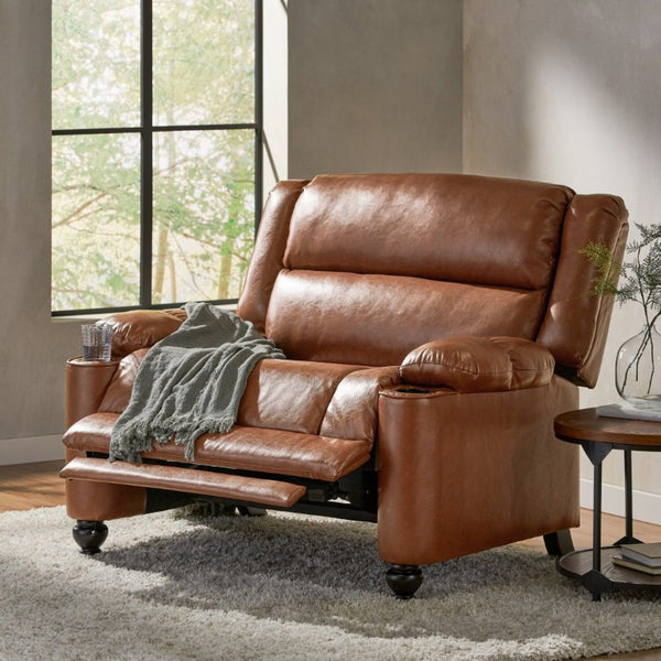 English Elm 50 Inch Wide PU Leather Pushback Recliner with Dual Cup Holders for Living Room Brown N763P449960D