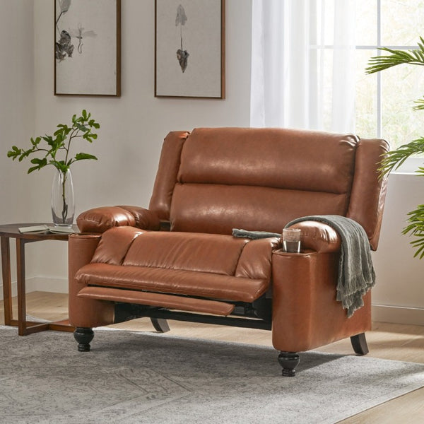 English Elm 50 Inch Wide PU Leather Pushback Recliner with Dual Cup Holders for Living Room Brown N763P449960D