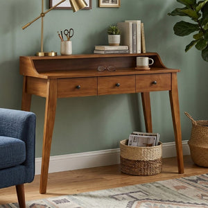 English Elm Console Table with Three Drawers and Display Shelf Pine Legs Modern Entryway Storage Brown N763P450053D