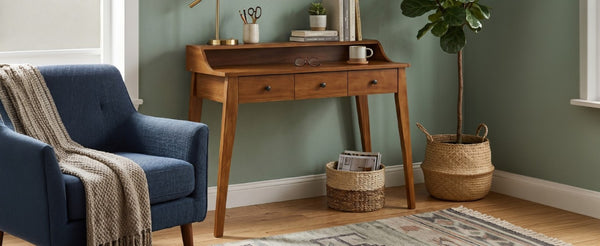 English Elm Console Table with Three Drawers and Display Shelf Pine Legs Modern Entryway Storage Brown N763P450053D