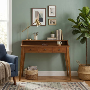 English Elm Console Table with Three Drawers and Display Shelf Pine Legs Modern Entryway Storage Brown N763P450053D