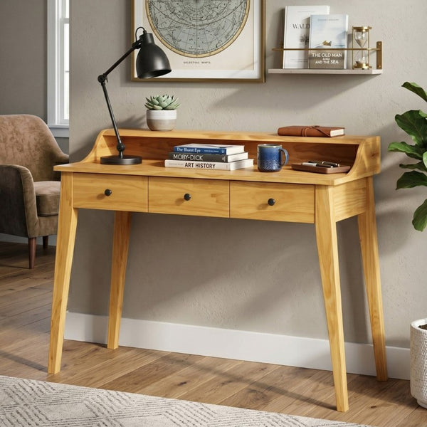 English Elm Console Table with Three Drawers and Display Shelf Pine Legs Modern Entryway Storage Natural N763P450053N