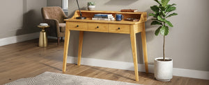 English Elm Console Table with Three Drawers and Display Shelf Pine Legs Modern Entryway Storage Natural N763P450053N