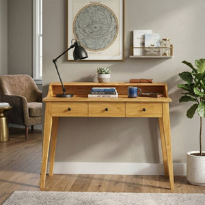 English Elm Console Table with Three Drawers and Display Shelf Pine Legs Modern Entryway Storage Natural N763P450053N