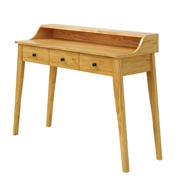 English Elm Console Table with Three Drawers and Display Shelf Pine Legs Modern Entryway Storage Natural N763P450053N