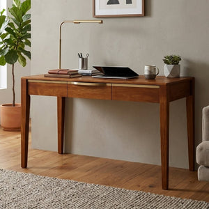 English Elm 59 Inch Modern Writing Desk with Three Drawers Tapered Pine Legs Warm Wood Finish Brown N763P450224D
