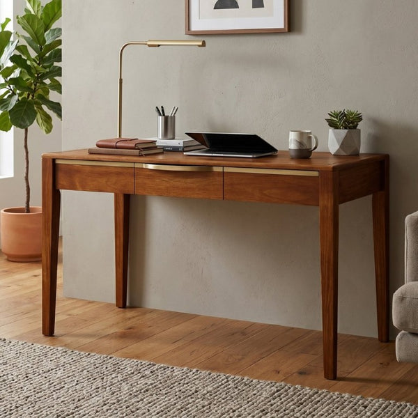 English Elm 59 Inch Modern Writing Desk with Three Drawers Tapered Pine Legs Warm Wood Finish Brown N763P450224D