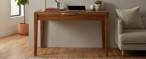 English Elm 59 Inch Modern Writing Desk with Three Drawers Tapered Pine Legs Warm Wood Finish Brown N763P450224D
