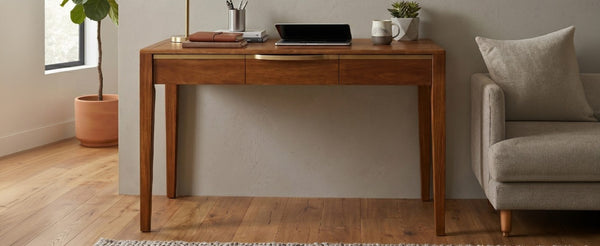 English Elm 59 Inch Modern Writing Desk with Three Drawers Tapered Pine Legs Warm Wood Finish Brown N763P450224D