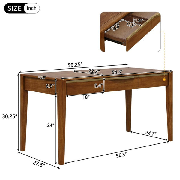 English Elm 59 Inch Modern Writing Desk with Three Drawers Tapered Pine Legs Warm Wood Finish Brown N763P450224D