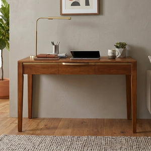English Elm 59 Inch Modern Writing Desk with Three Drawers Tapered Pine Legs Warm Wood Finish Brown N763P450224D