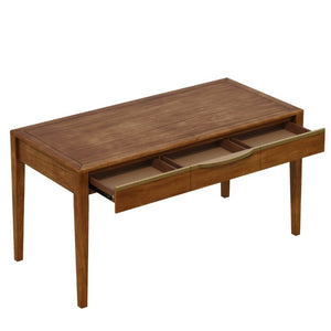 English Elm 59 Inch Modern Writing Desk with Three Drawers Tapered Pine Legs Warm Wood Finish Brown N763P450224D