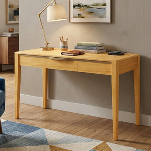 English Elm 59 Inch Modern Writing Desk with Three Drawers Tapered Pine Legs Warm Wood Finish Natural N763P450224N