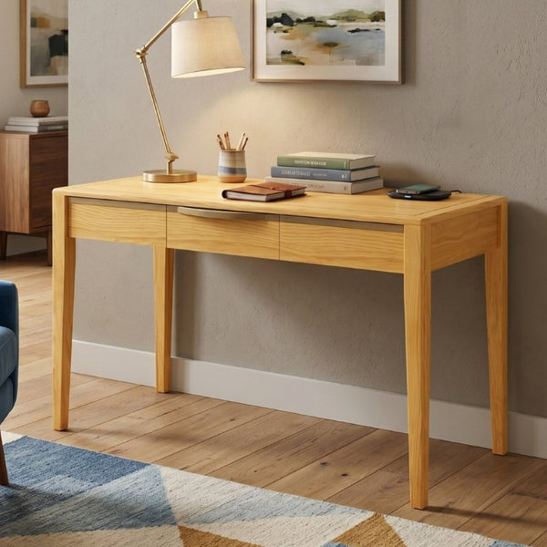 English Elm 59 Inch Modern Writing Desk with Three Drawers Tapered Pine Legs Warm Wood Finish Natural N763P450224N