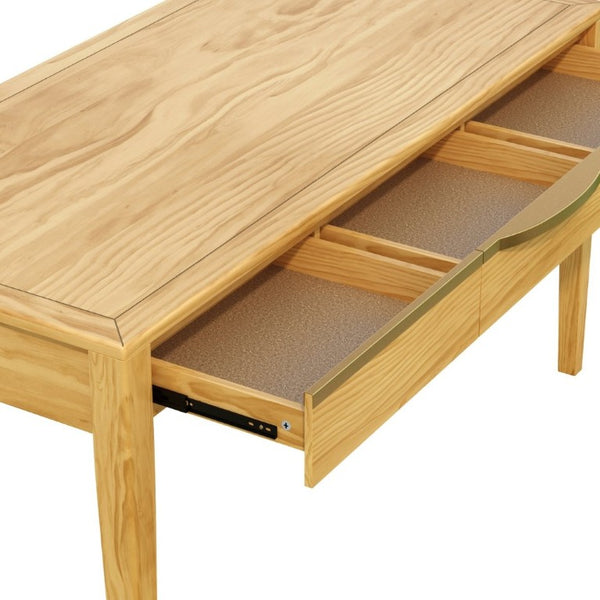 English Elm 59 Inch Modern Writing Desk with Three Drawers Tapered Pine Legs Warm Wood Finish Natural N763P450224N