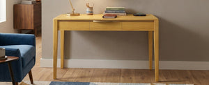 English Elm 59 Inch Modern Writing Desk with Three Drawers Tapered Pine Legs Warm Wood Finish Natural N763P450224N
