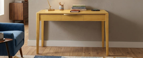 English Elm 59 Inch Modern Writing Desk with Three Drawers Tapered Pine Legs Warm Wood Finish Natural N763P450224N