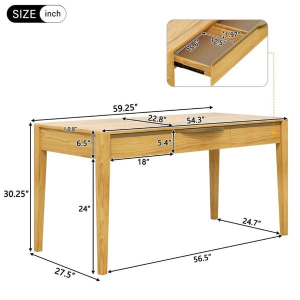 English Elm 59 Inch Modern Writing Desk with Three Drawers Tapered Pine Legs Warm Wood Finish Natural N763P450224N
