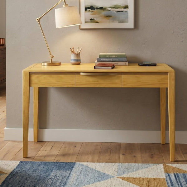 English Elm 59 Inch Modern Writing Desk with Three Drawers Tapered Pine Legs Warm Wood Finish Natural N763P450224N