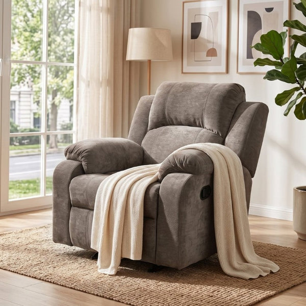 English Elm Manual Recliner Armchair Chenille Upholstered Three Position Lounge Seat for Living Room Brown N763P458102D