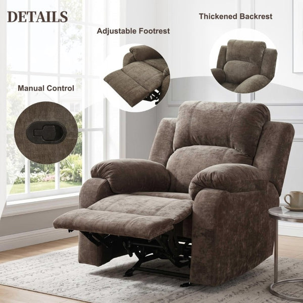 English Elm Manual Recliner Armchair Chenille Upholstered Three Position Lounge Seat for Living Room Brown N763P458102D