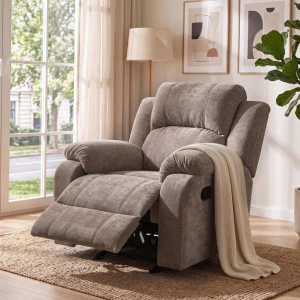 English Elm Manual Recliner Armchair Chenille Upholstered Three Position Lounge Seat for Living Room Brown N763P458102D