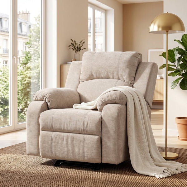 English Elm Manual Recliner Armchair Chenille Upholstered Three Position Lounge Seat for Living Room Oatmeal N763P458102O