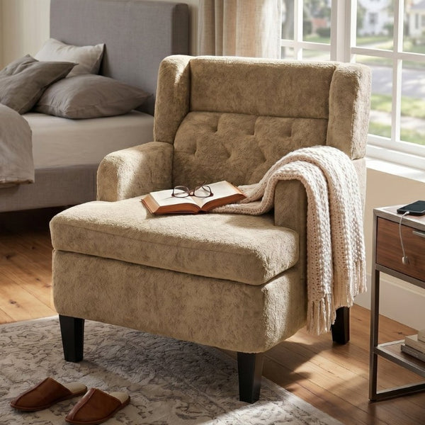 English Elm Upholstered Button Tufted Accent Chair with Plush Fabric for Living Room Comfort Brown N763P459472D