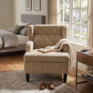 English Elm Upholstered Button Tufted Accent Chair with Plush Fabric for Living Room Comfort Brown N763P459472D