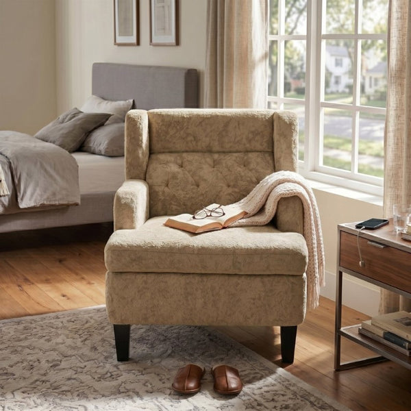 English Elm Upholstered Button Tufted Accent Chair with Plush Fabric for Living Room Comfort Brown N763P459472D