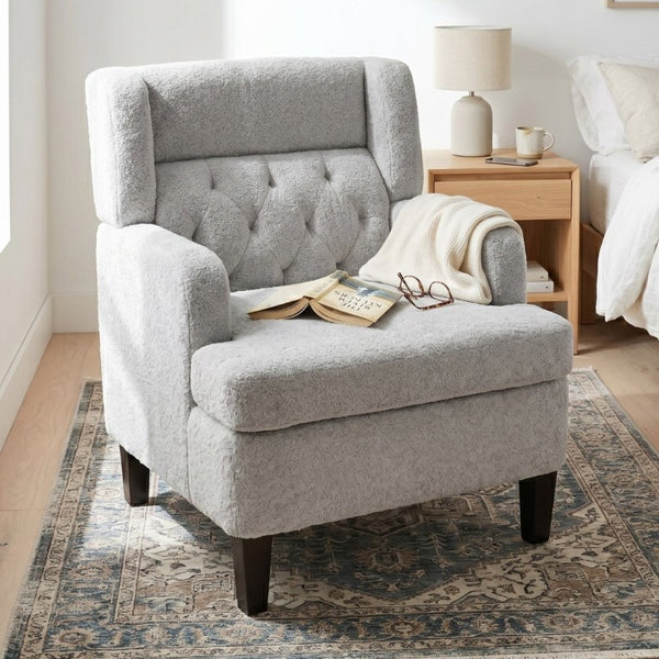 English Elm Upholstered Button Tufted Accent Chair with Plush Fabric for Living Room Comfort Light Grey N763P459472E