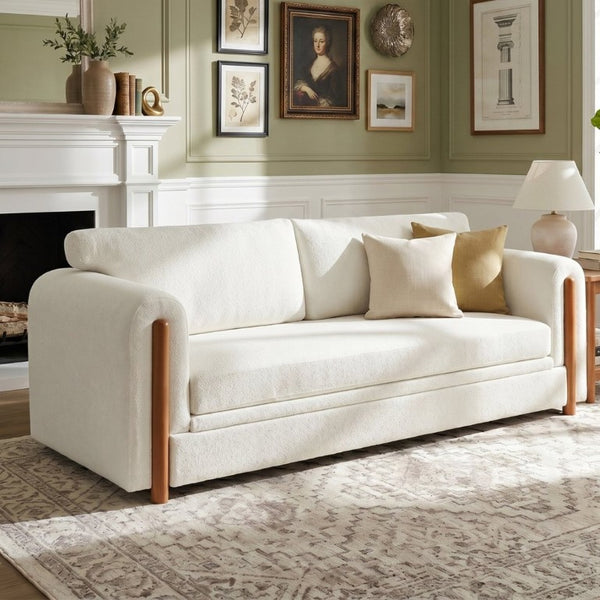 English Elm Modern Chenille Three Seat Sofa with Rubberwood Accents for Stylish Living Spaces Beige N763P460874A