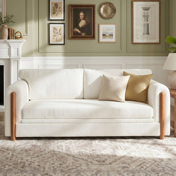 English Elm Modern Chenille Three Seat Sofa with Rubberwood Accents for Stylish Living Spaces Beige N763P460874A