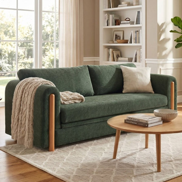 English Elm Modern Chenille Three Seat Sofa with Rubberwood Accents for Stylish Living Spaces Green N763P460874F