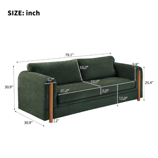 English Elm Modern Chenille Three Seat Sofa with Rubberwood Accents for Stylish Living Spaces Green N763P460874F