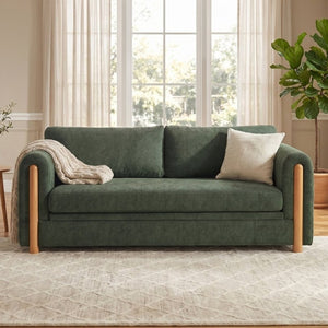 English Elm Modern Chenille Three Seat Sofa with Rubberwood Accents for Stylish Living Spaces Green N763P460874F
