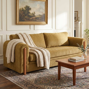 English Elm Modern Chenille Three Seat Sofa with Rubberwood Accents for Stylish Living Spaces Yellow N763P460874L