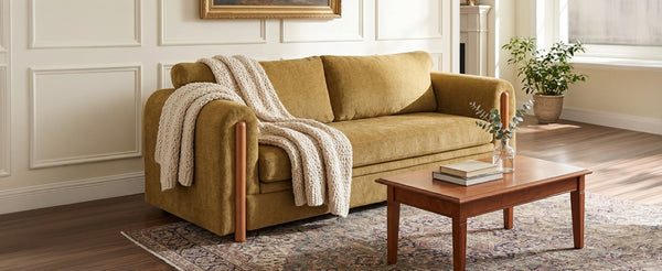 English Elm Modern Chenille Three Seat Sofa with Rubberwood Accents for Stylish Living Spaces Yellow N763P460874L