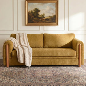 English Elm Modern Chenille Three Seat Sofa with Rubberwood Accents for Stylish Living Spaces Yellow N763P460874L