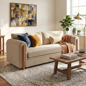 English Elm Modern Chenille Three Seat Sofa with Rubberwood Accents for Stylish Living Spaces Oatmeal N763P460874O