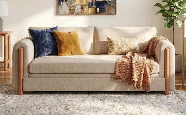 English Elm Modern Chenille Three Seat Sofa with Rubberwood Accents for Stylish Living Spaces Oatmeal N763P460874O
