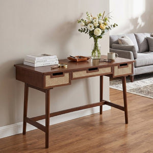 English Elm 51 Inch Rattan Front Writing Desk with Three Drawers Acacia Wood Mid-Century Home Office Brown N763P464763D