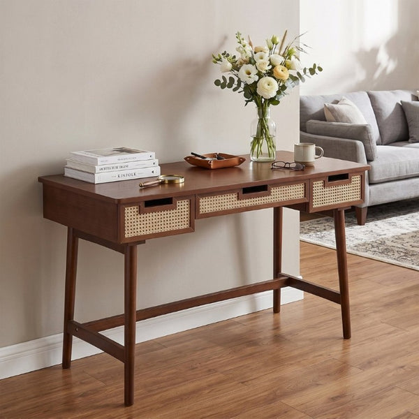 English Elm 51 Inch Rattan Front Writing Desk with Three Drawers Acacia Wood Mid-Century Home Office Brown N763P464763D