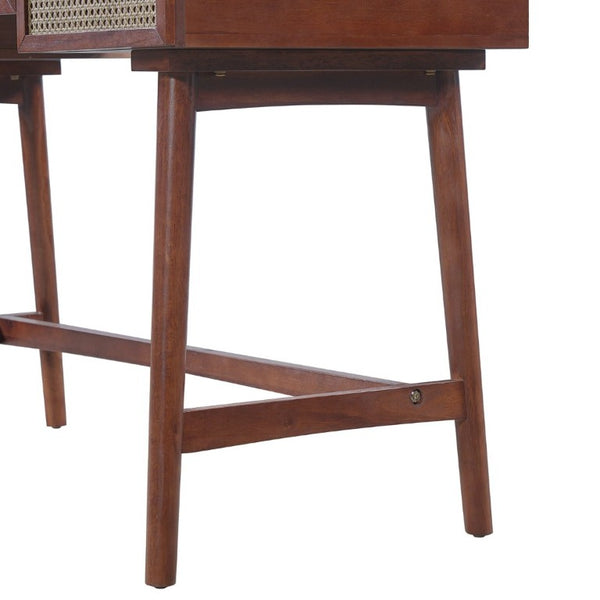 English Elm 51 Inch Rattan Front Writing Desk with Three Drawers Acacia Wood Mid-Century Home Office Brown N763P464763D